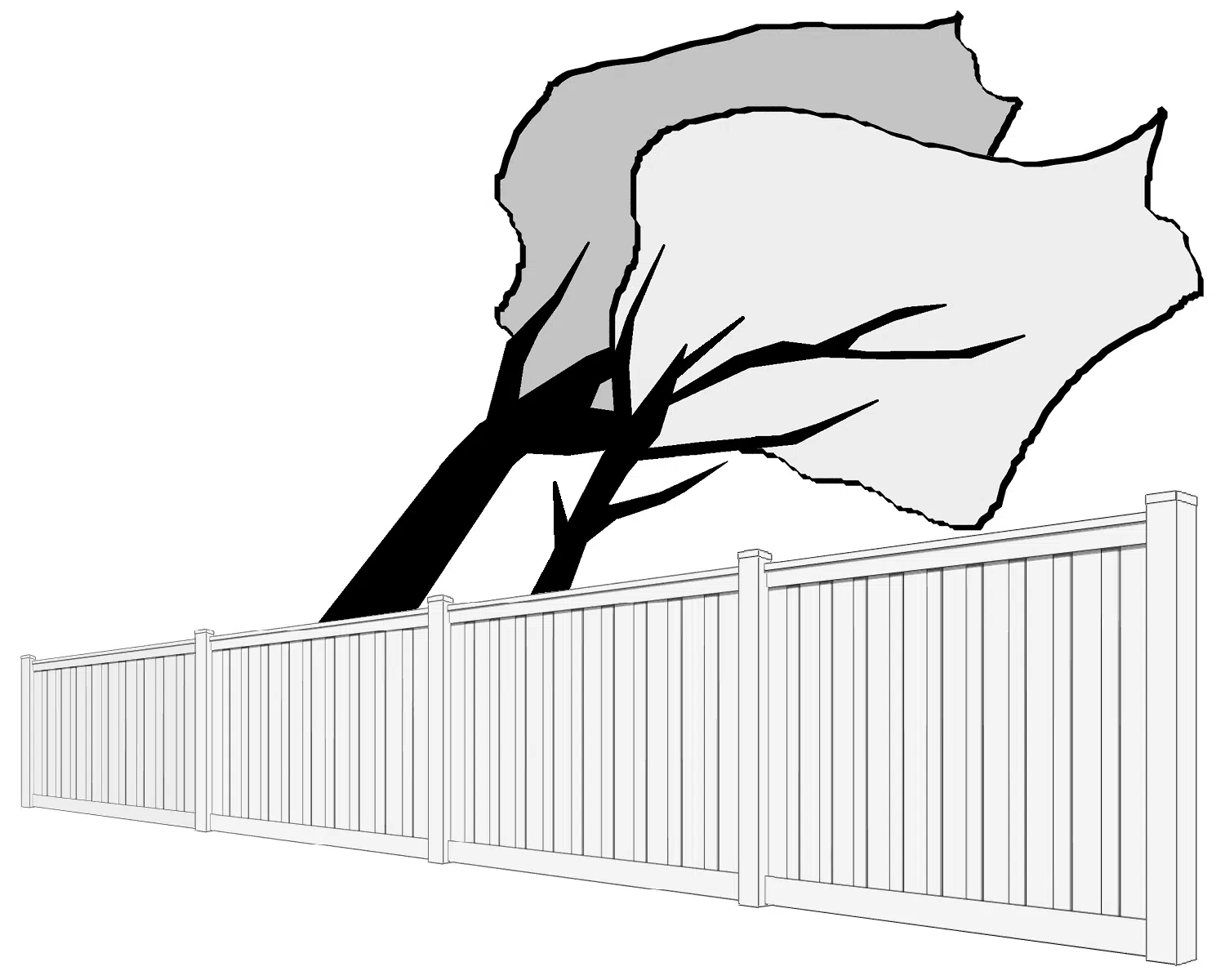 Clip art image of a Trex Fence standing up to high winds while trees are being blown hard behind the fence.
