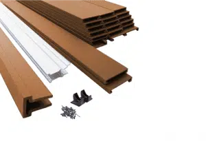 A stack of Trex composite fencing materials