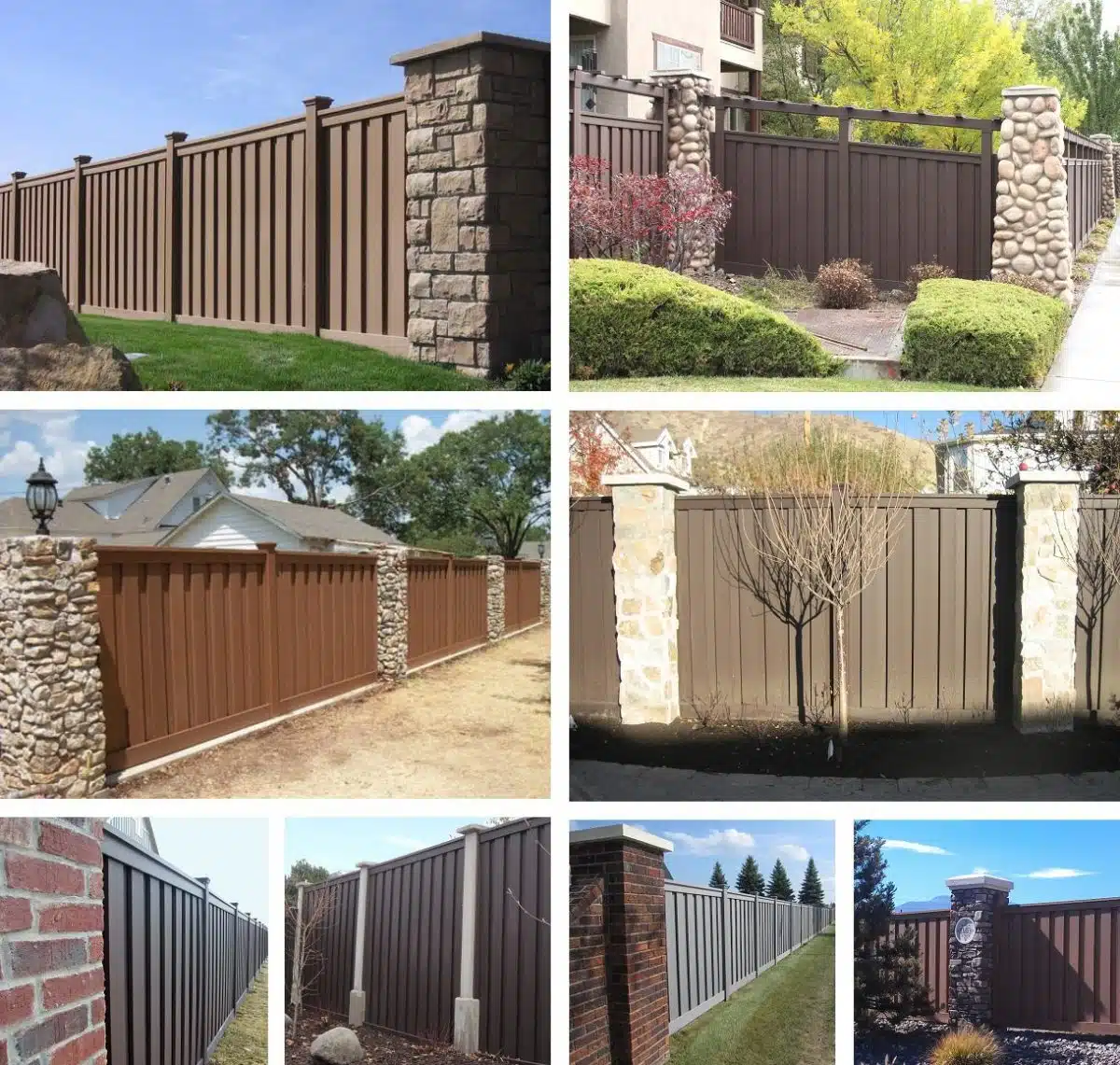 A collage of Trex Fences built between stone colums and brick pillars.