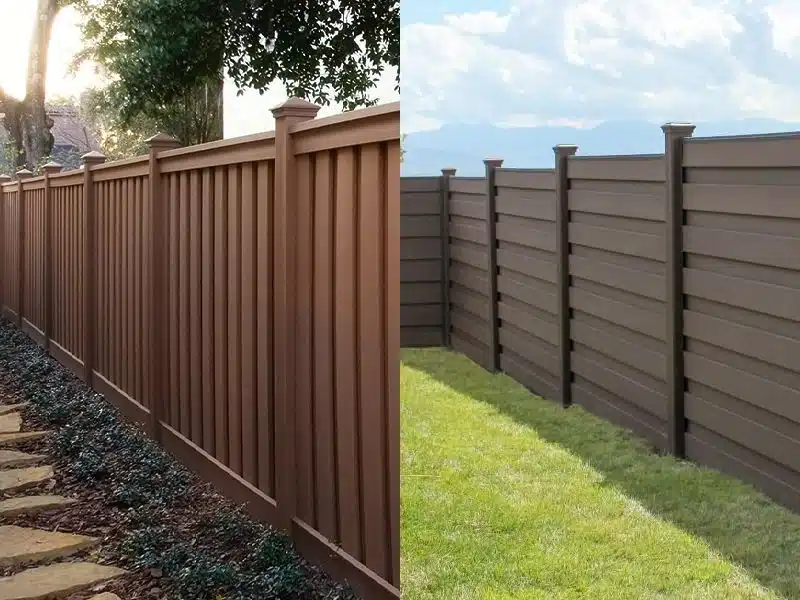 Two Trex Fencing Pictures side by side, one of Seclusions with vertical pickets and the other of Horizons with horizontal pickets