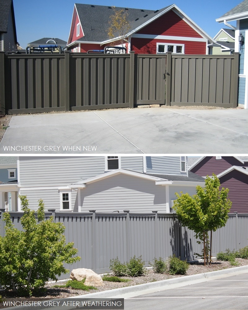 An example of a new Trex Winchester Grey fence on top and a weathered (faded) Winchester Grey fence on bottom