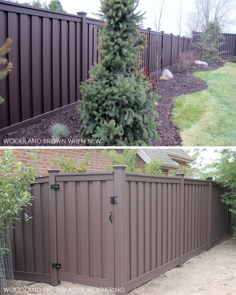 An example of a new Trex Woodland Brown fence on top and a weathered (faded) Woodland Brown fence on bottom