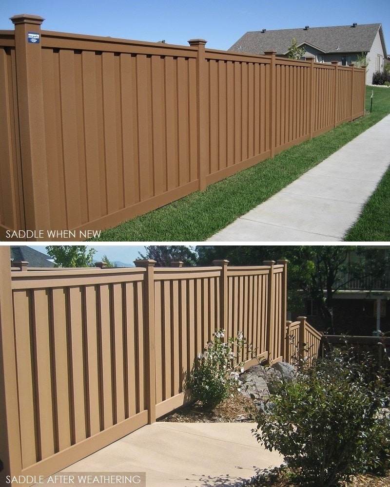 An example of a new Trex Saddle fence on top and a weathered (faded) Saddle fence on bottom
