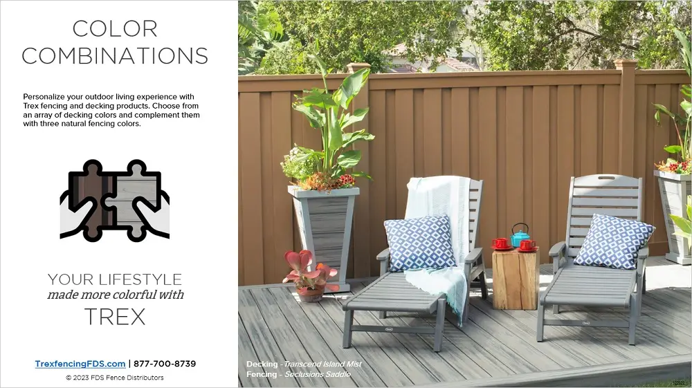 Trex Decking and Fencing color swatches show pairs for color combinations.